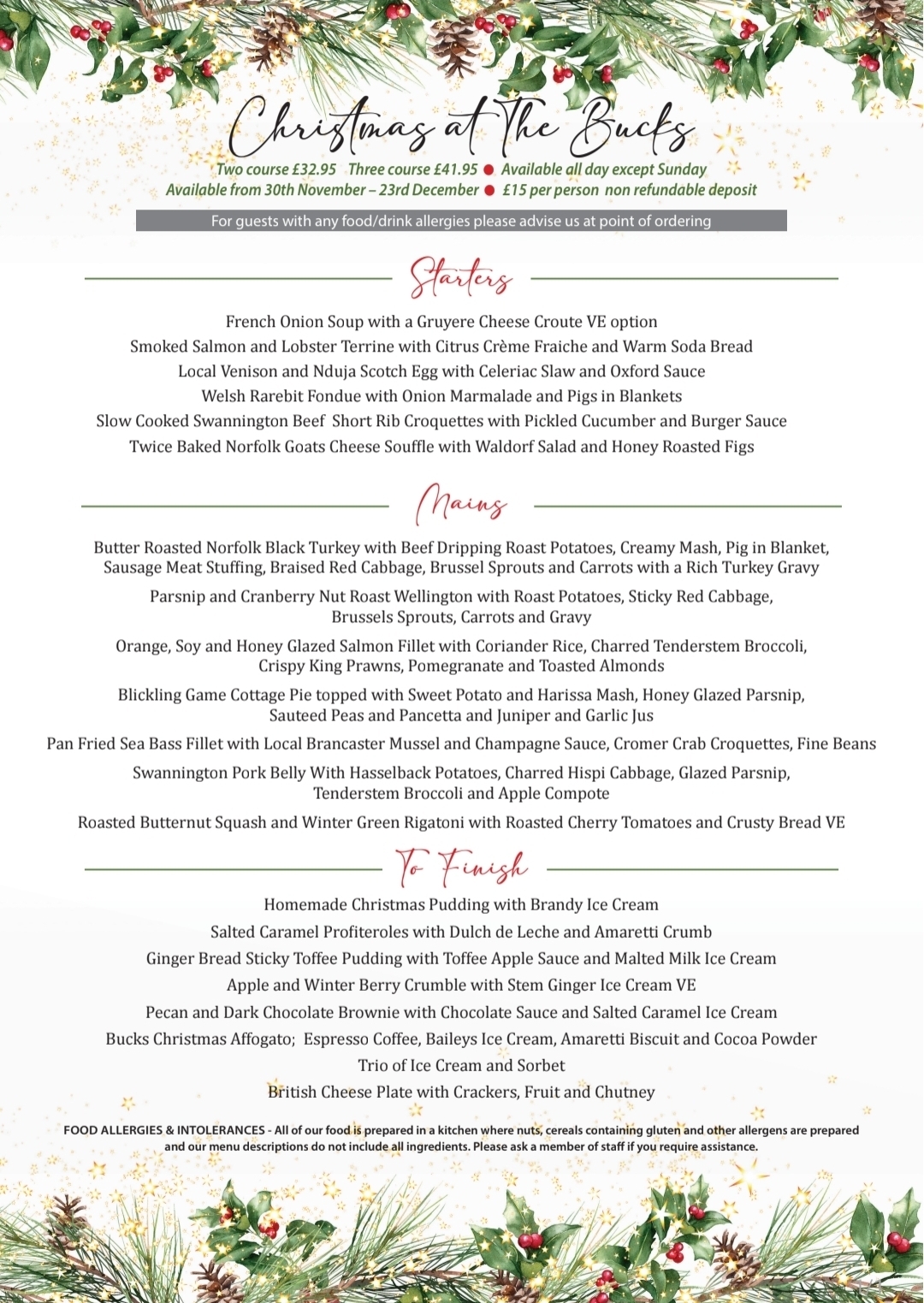 Bucks Arms Christmas Menu 2026